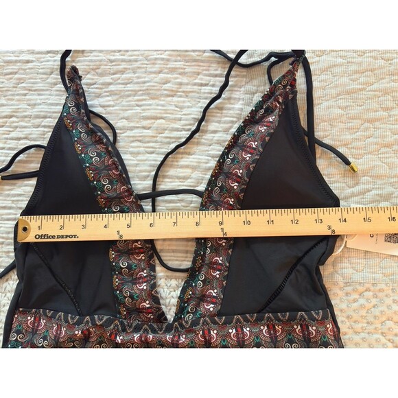 Cupshe NWT LG One Piece Black Low Plunge Halter Boho Open Back Y2K Paisley Trim - Picture 6 of 15